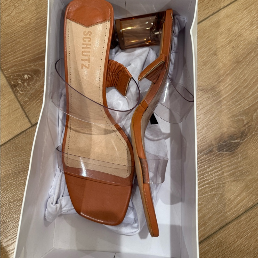 SCHUTZ Women's Brown Heeled Sandals with Clear Straps